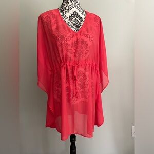 West Loop Womens Coral Semi-Sheer Drawstring Swimsuit Cover Up Top One Size
